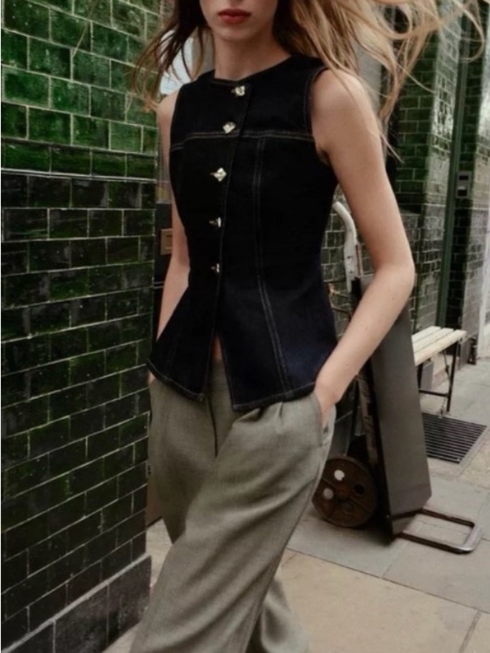 Zara Dark Denim vest with Gold Button Detail